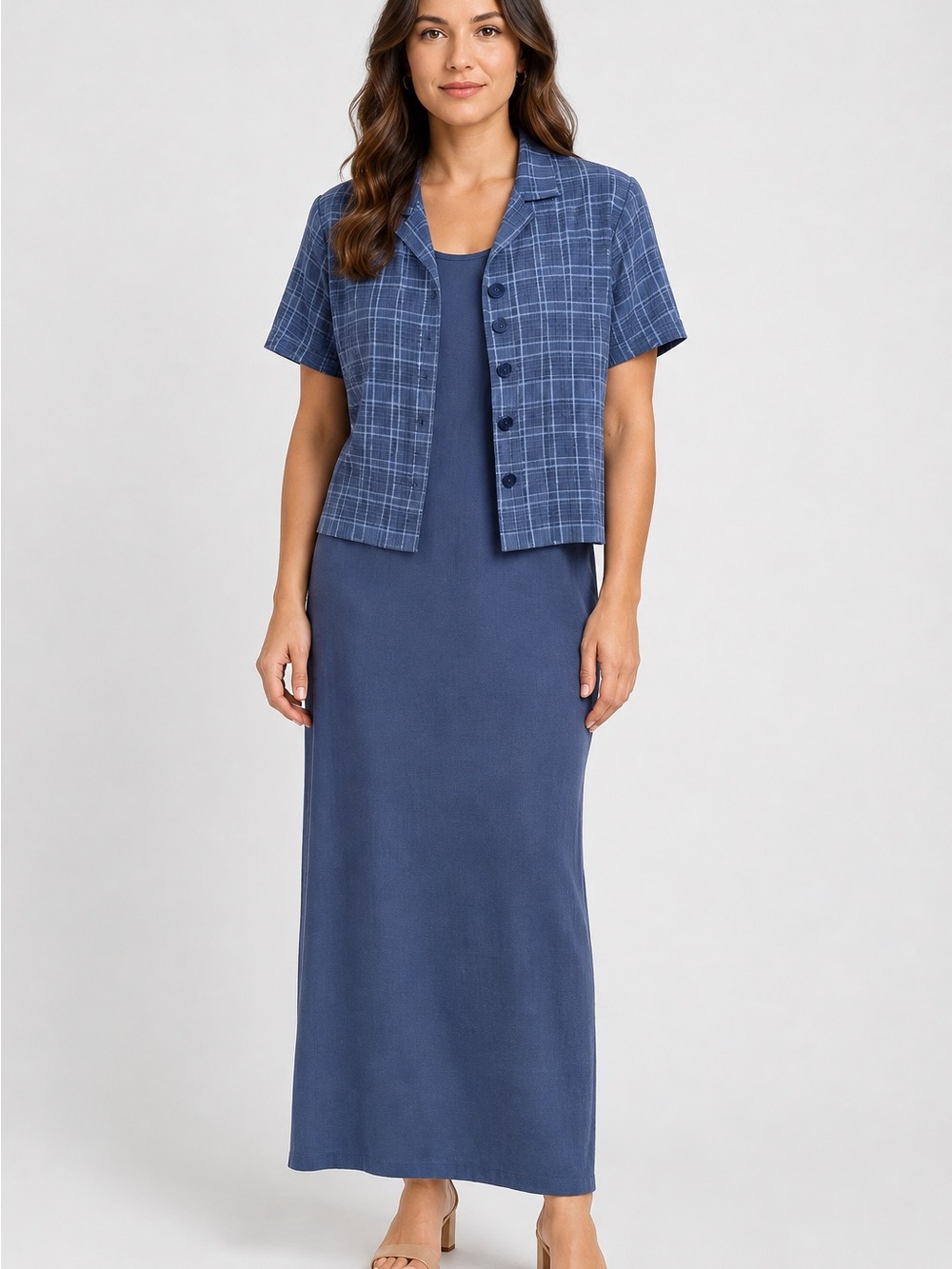 Vintage Kathie Lee Collection Two-Piece Maxi Dress Set in Blue Plaid